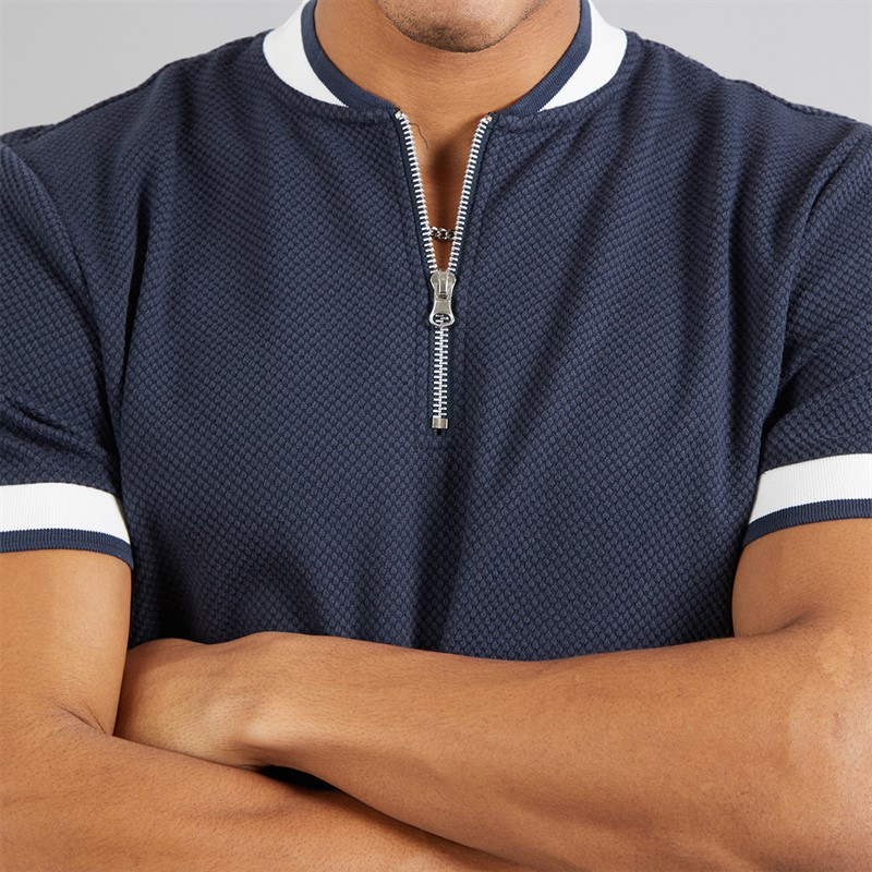 Brave Soul Mens Allsop 1/4 Zip Short Sleeve Polo Shirt Navy/Cream/Navy