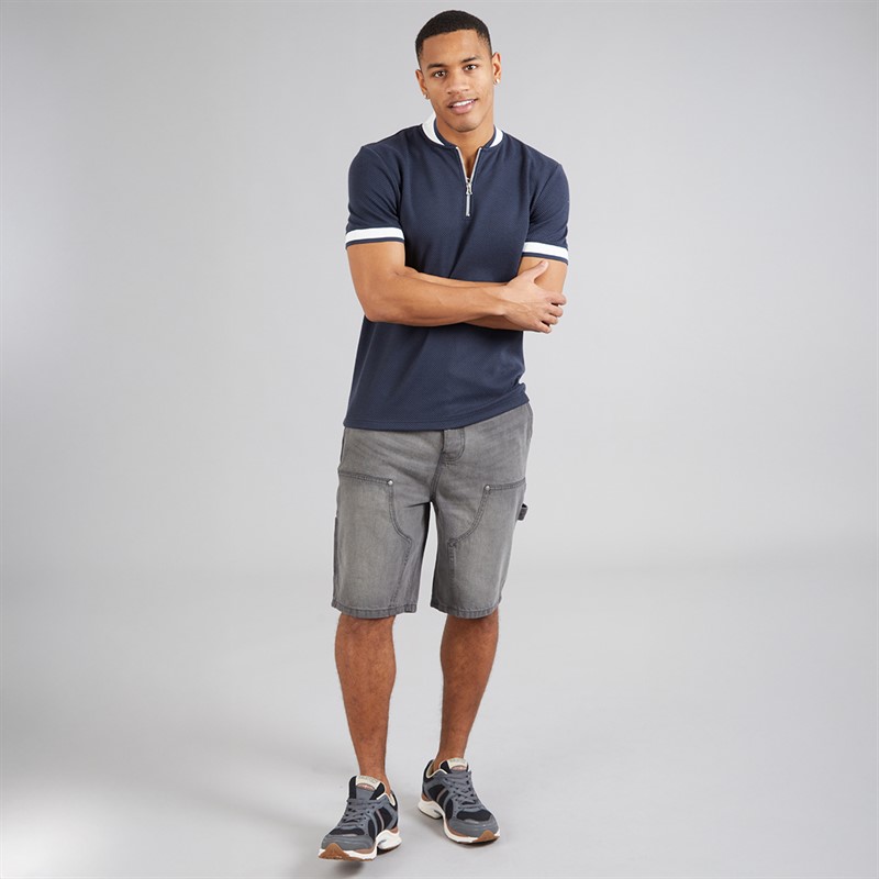 Brave Soul Mens Allsop 1/4 Zip Short Sleeve Polo Shirt Navy/Cream/Navy