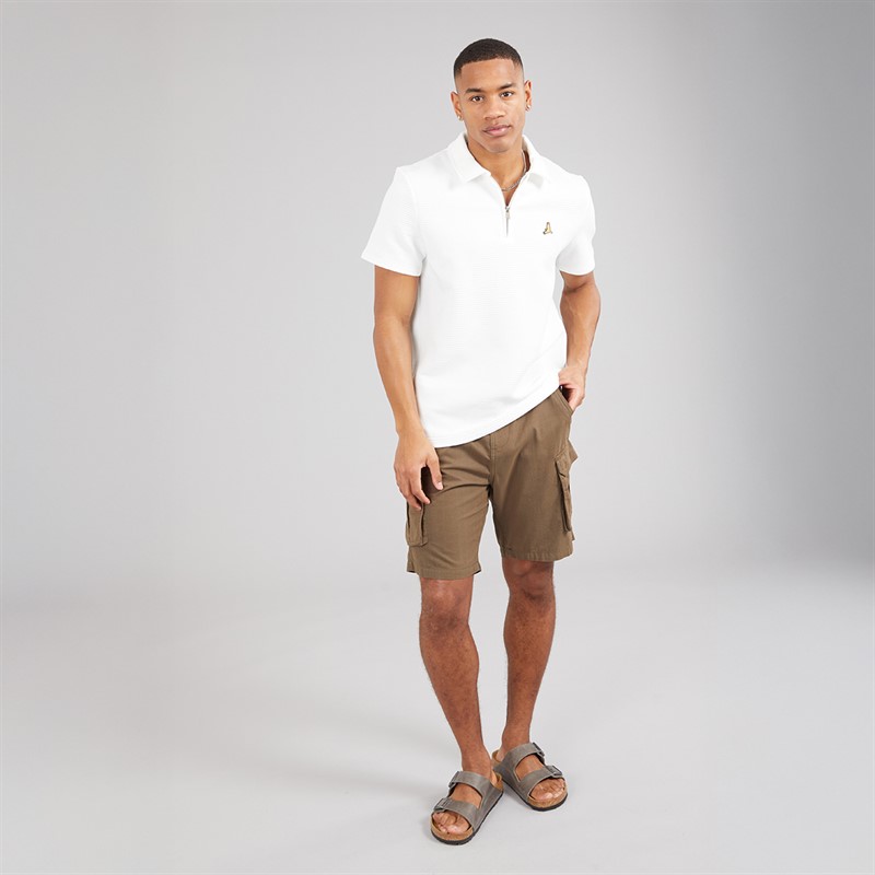 Brave Soul Mens Haynes Textured 1/4 Zip Polo Shirt Cream