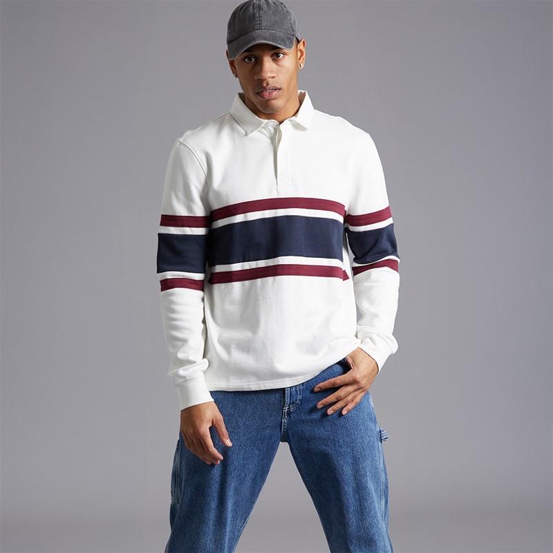 Brave Soul Mens Herlings Long Sleeve Rugby Shirt Cream/Navy/Light Burgundy Cream/Navy/Lt Burgundy