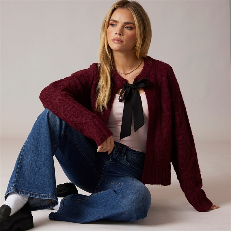 Brave Soul Womens Silken Cardigan Wine/Black