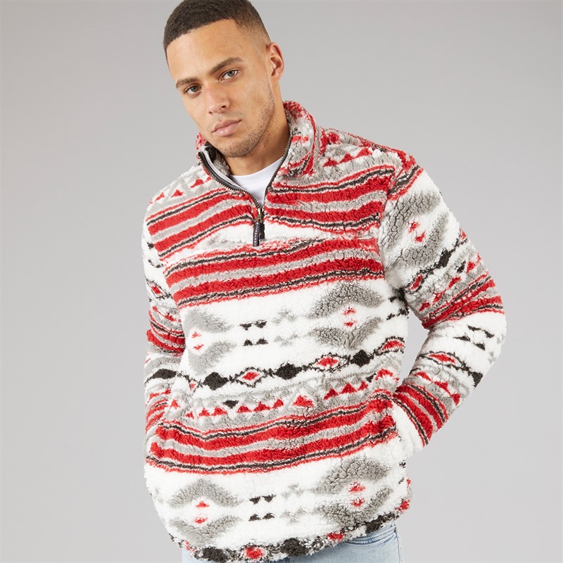 Brave Soul Mens Hebden 1/4 Zip Fleece White Sponge/Black/Grey/Red Prints White Sponge/Black, Grey & Red Prints