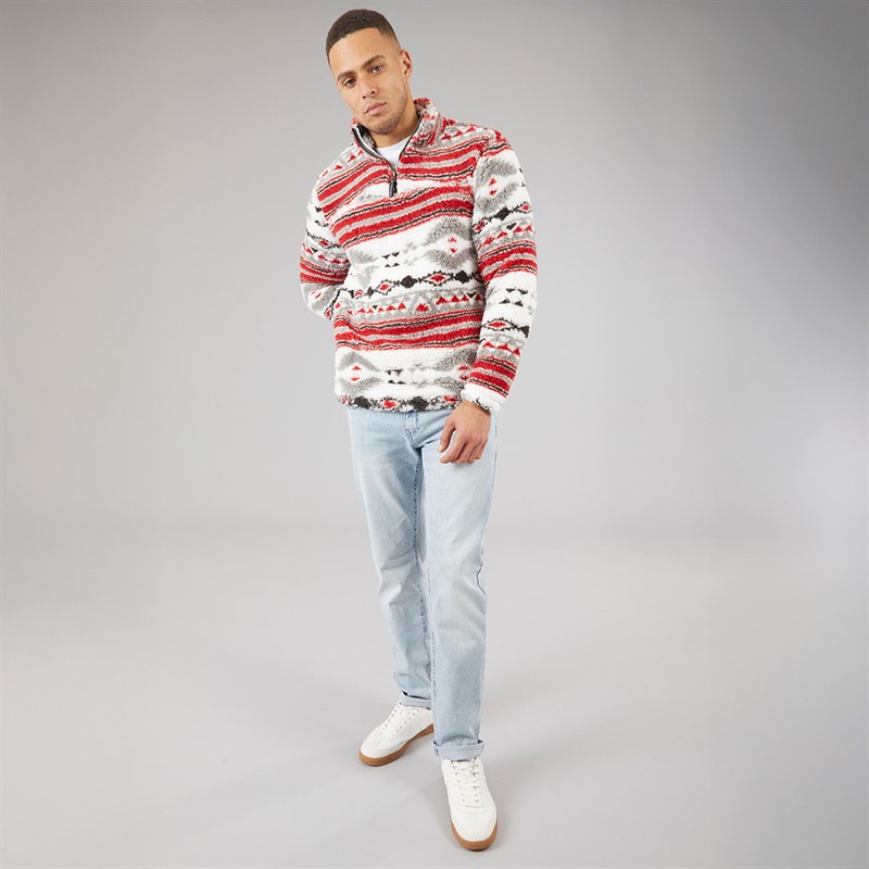 Brave Soul Mens Hebden 1/4 Zip Fleece White Sponge/Black/Grey/Red Prints White Sponge/Black, Grey & Red Prints