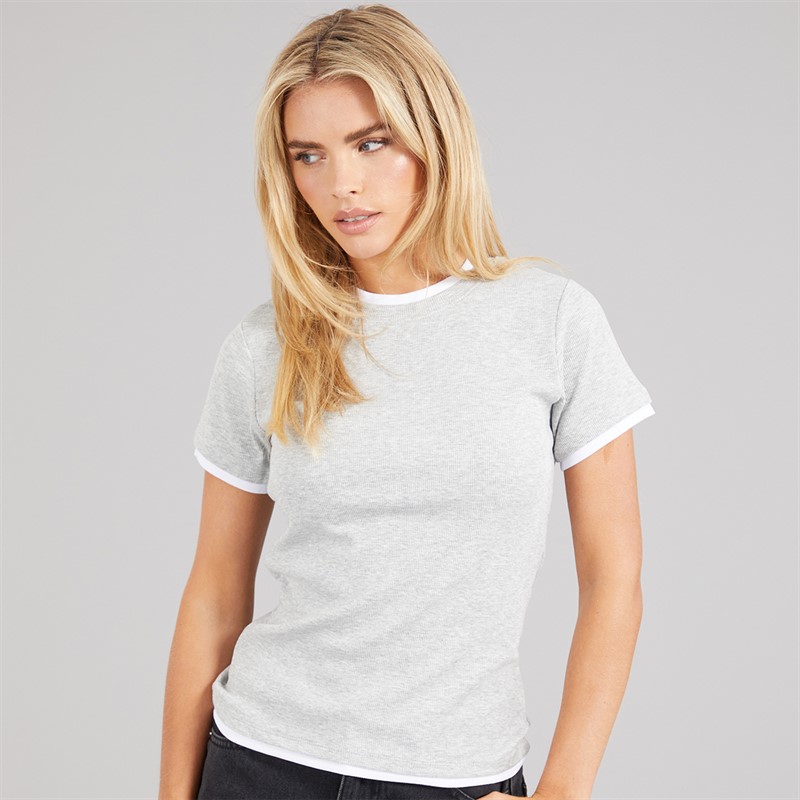 Brave Soul Womens Athena Double Layered T-Shirt Silver Grey Marl/White