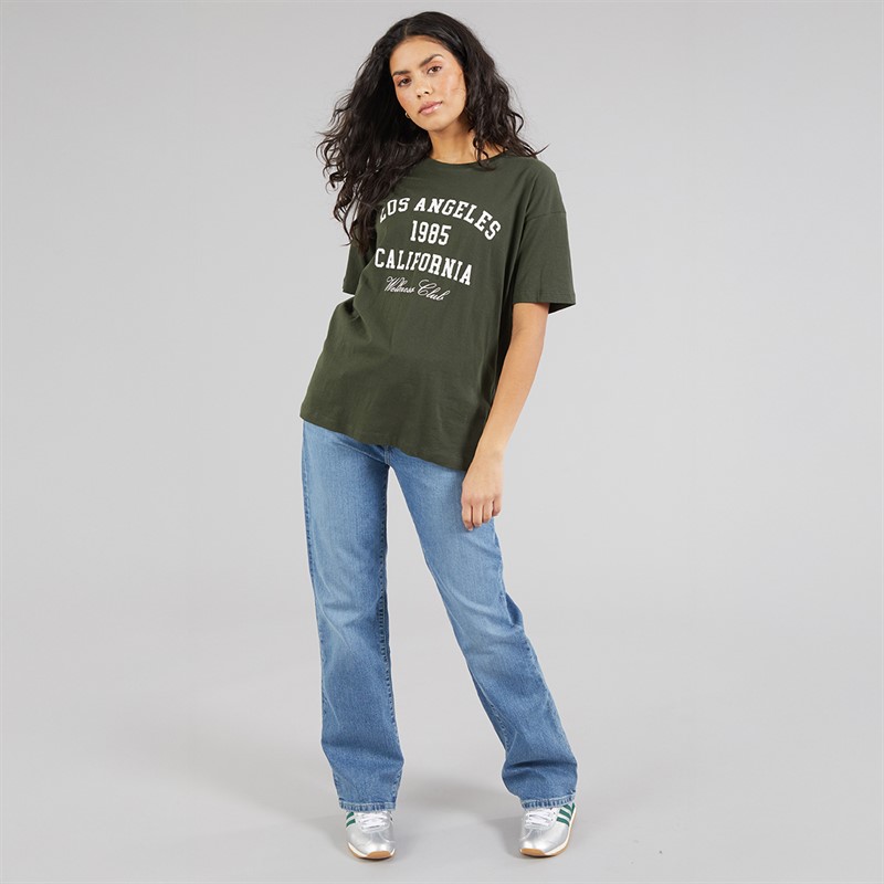 Brave Soul Womens Lala Print T-Shirt Forest Green/White
