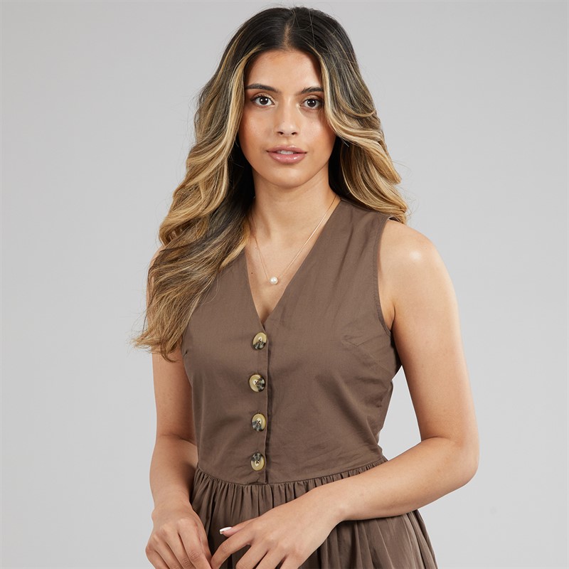 Brave Soul Womens Benit Button Down Midi Dress Brown