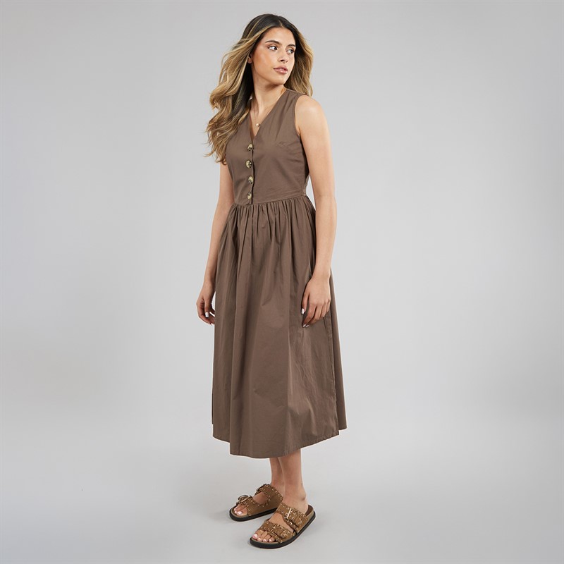 Brave Soul Womens Benit Button Down Midi Dress Brown