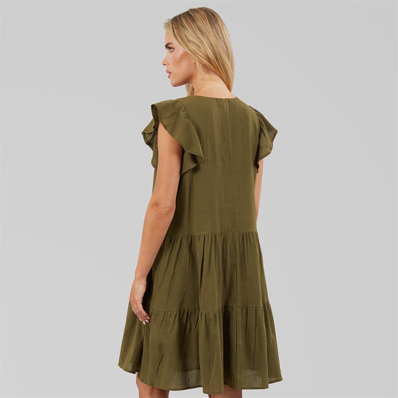 Brave Soul Womens Cassie Short Sleeve Tiered Dress Khaki