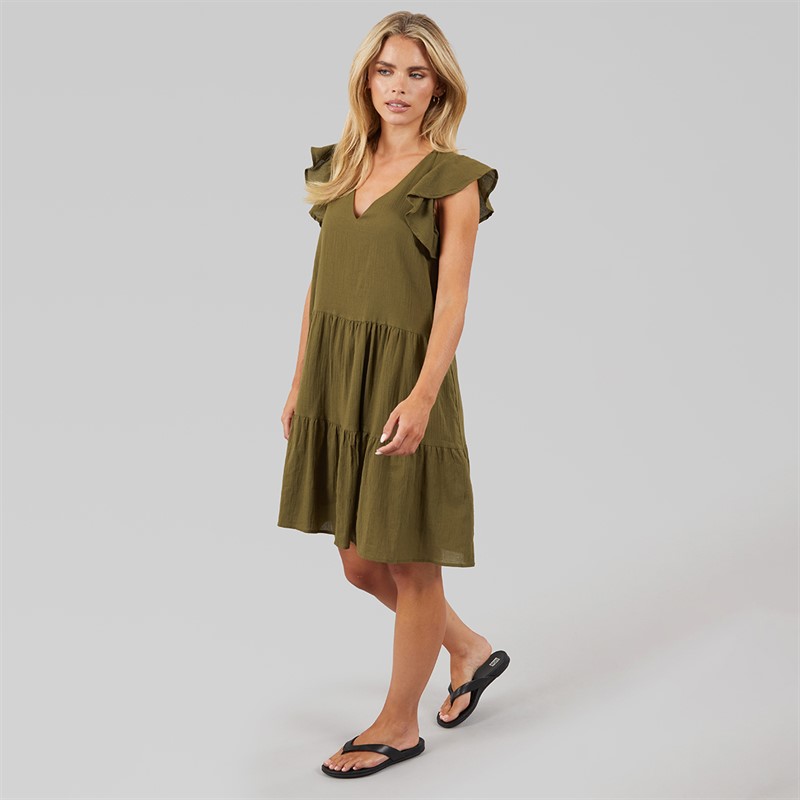 Brave Soul Womens Cassie Short Sleeve Tiered Dress Khaki