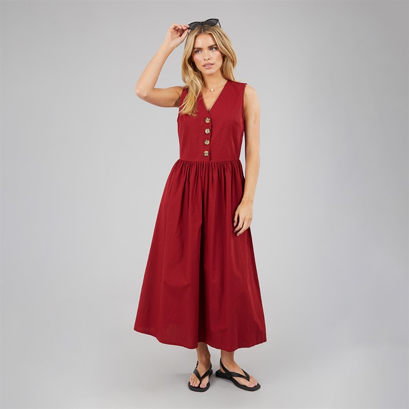 Brave Soul Womens Benit Button Down Midi Dress Red