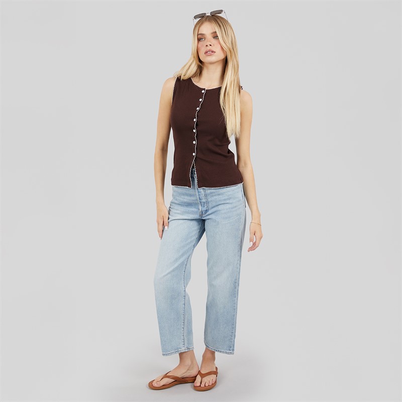 Brave Soul Womens Picot Button Down Vest Chocolate/Cream