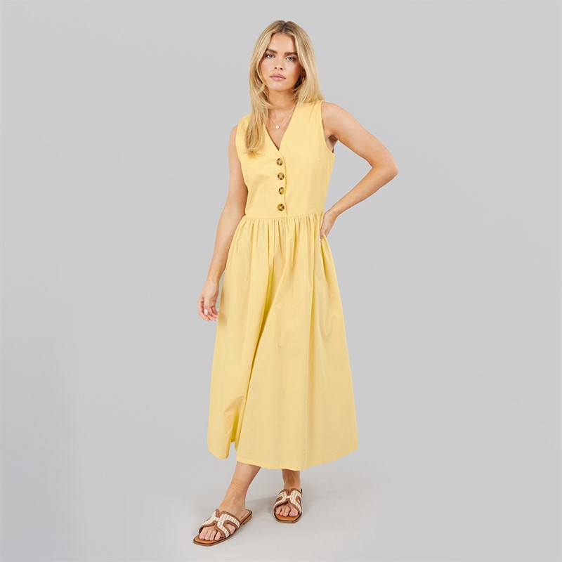 Brave Soul Womens Benit Button Down Midi Dress Yellow
