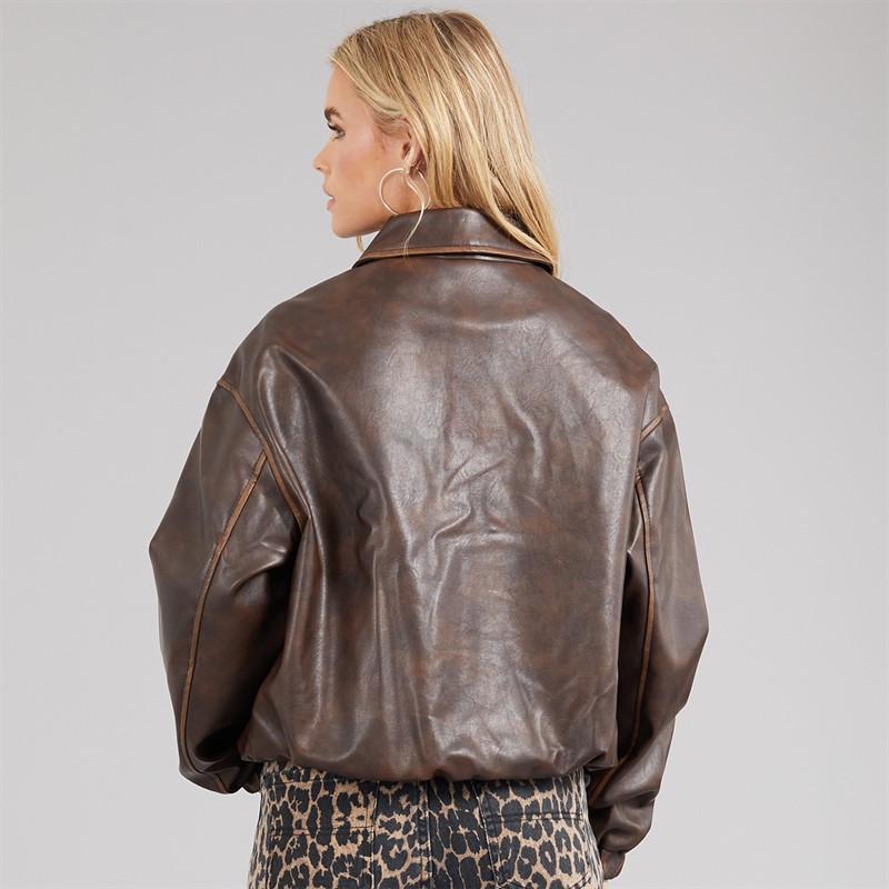 Brave Soul Womens Livvie Bomber Jacket With Collar Vintage Dark Brown