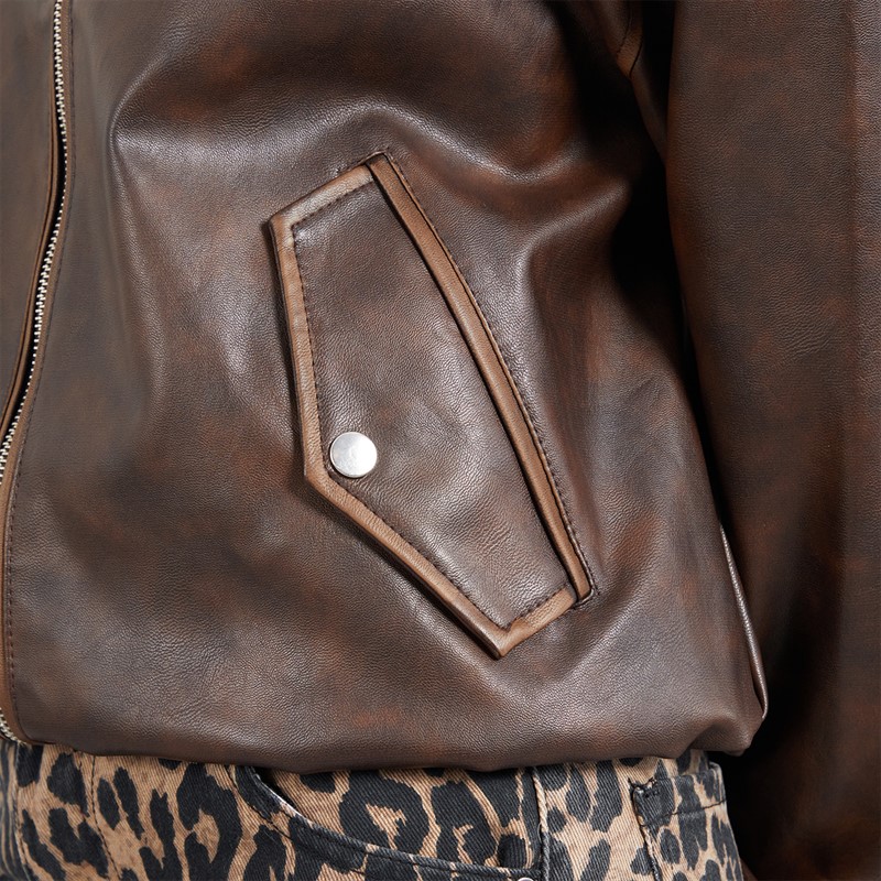 Brave Soul Womens Livvie Bomber Jacket With Collar Vintage Dark Brown