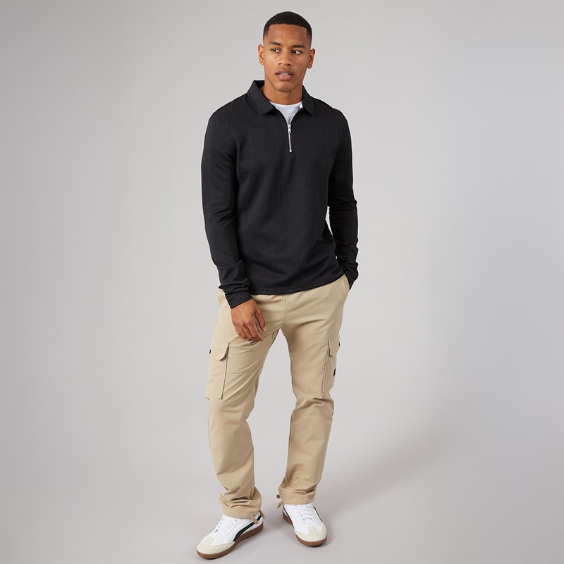 Brave Soul Mens Mellark Long Sleeve 1/4 Zip Polo Shirt Black