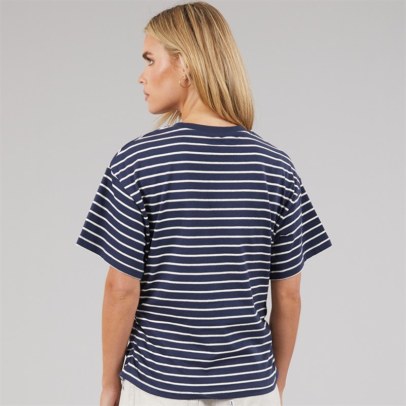 Brave Soul Womens Elound Crew Neck Ruched Stripe T-Shirt Navy/Cream