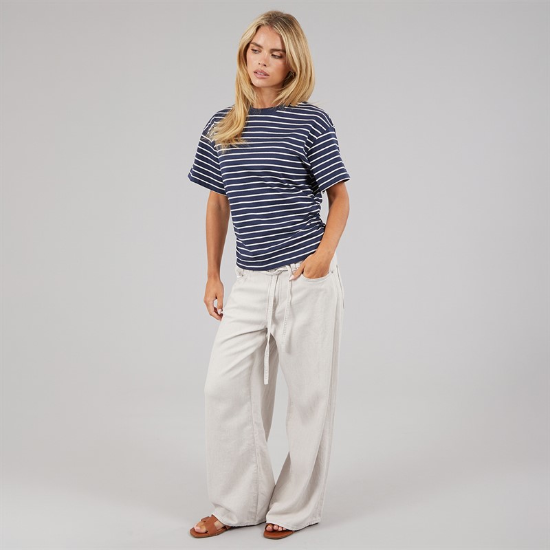 Brave Soul Womens Elound Crew Neck Ruched Stripe T-Shirt Navy/Cream