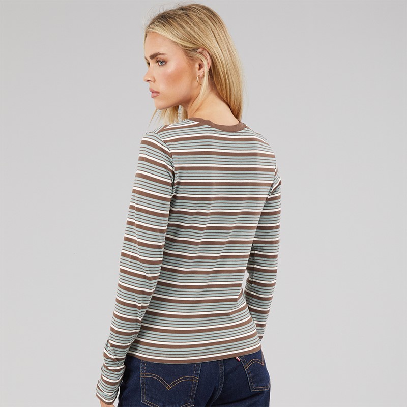 Brave Soul Womens Molly Crew Neck Long Sleeve Stripe Top Brown/Green