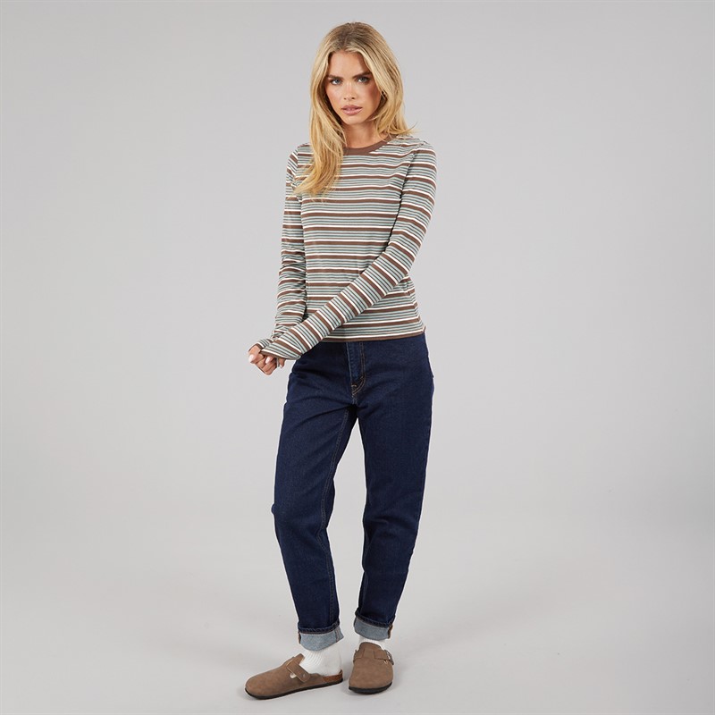 Brave Soul Womens Molly Crew Neck Long Sleeve Stripe Top Brown/Green