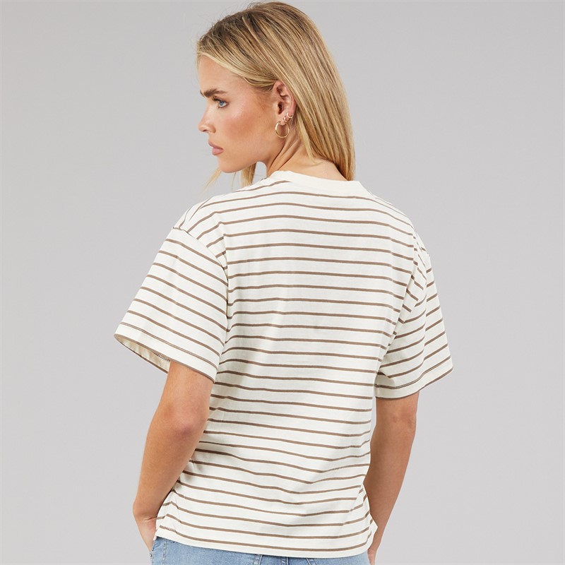 Brave Soul Womens Elound Crew Neck Ruched Stripe T-Shirt Cream/Truffle