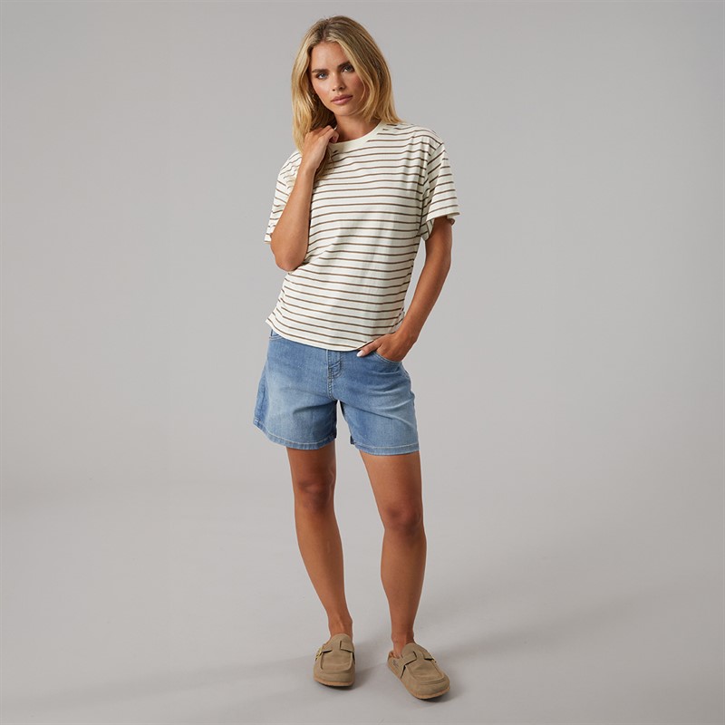 Brave Soul Womens Elound Crew Neck Ruched Stripe T-Shirt Cream/Truffle