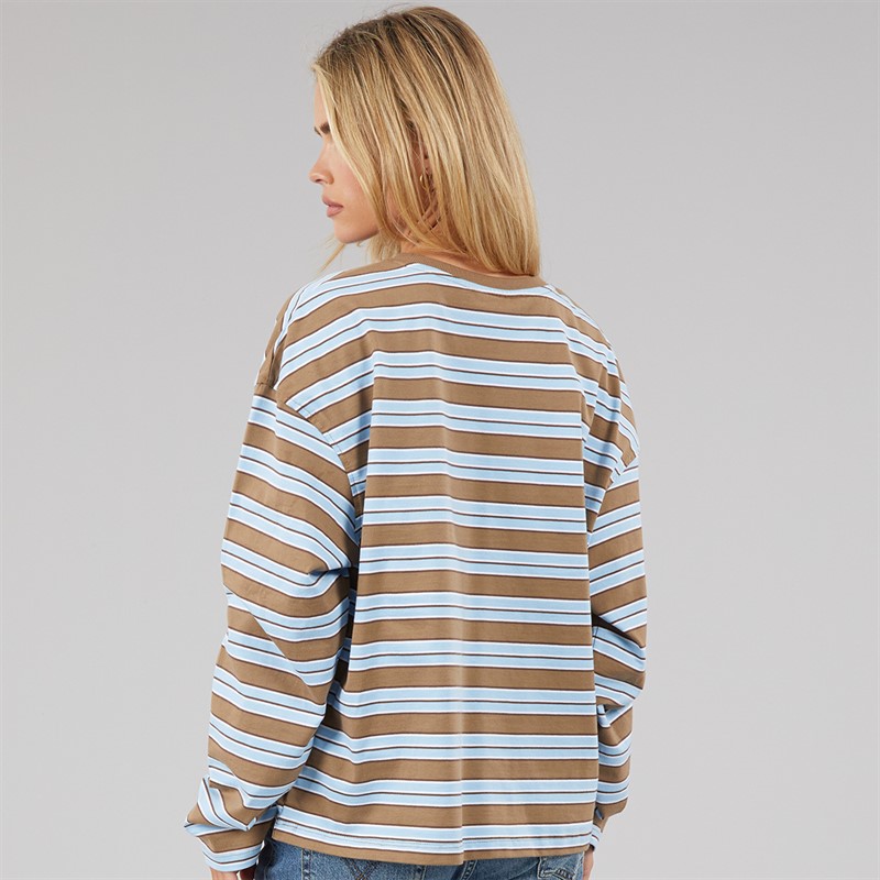 Brave Soul Womens Joey Crew Neck Long Sleeve Stripe Top Brown/Blue/White