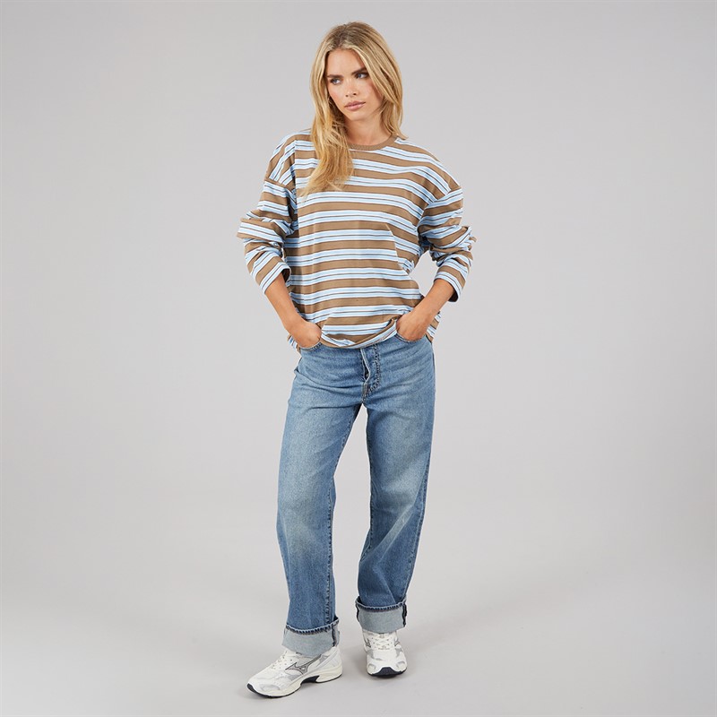 Brave Soul Womens Joey Crew Neck Long Sleeve Stripe Top Brown/Blue/White