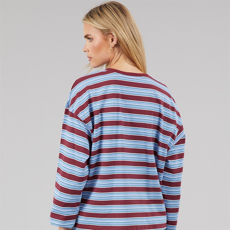 Brave Soul Womens Joey Crew Neck Long Sleeve Stripe Top Burgundy/Blue/White/Navy