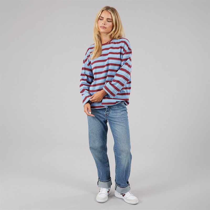 Brave Soul Womens Joey Crew Neck Long Sleeve Stripe Top Burgundy/Blue/White/Navy