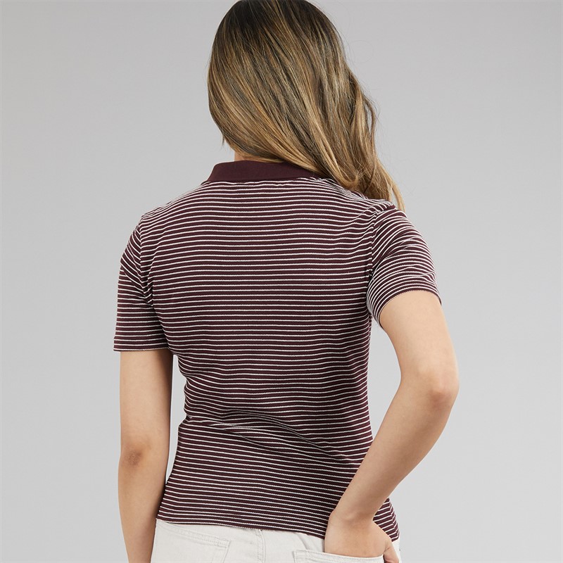 Brave Soul Womens Birkin Textured Jersey Stripe Short Sleeve Polo Top Burgundy/Cream
