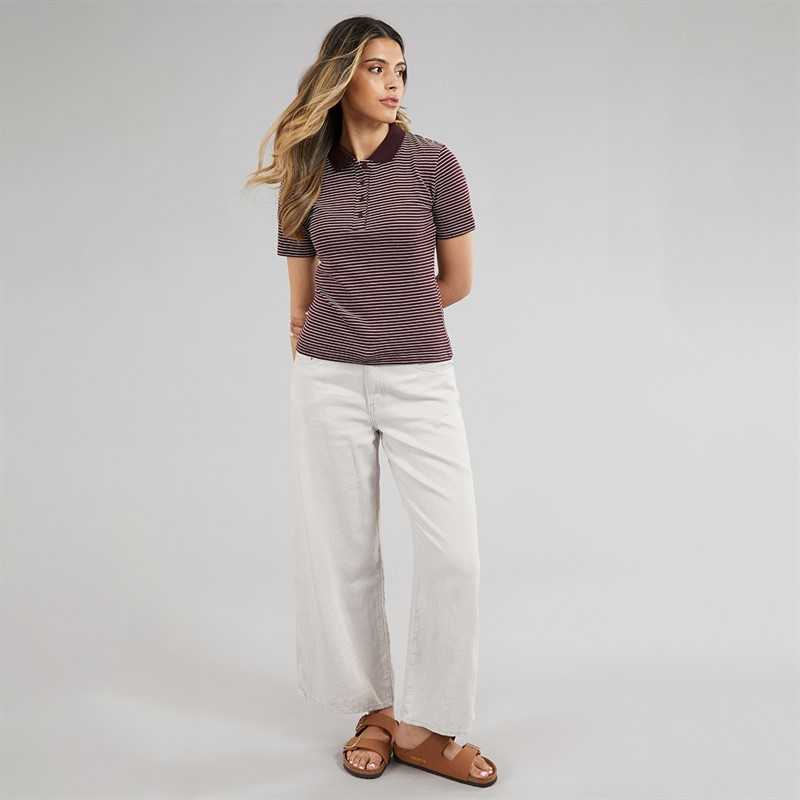 Brave Soul Womens Birkin Textured Jersey Stripe Short Sleeve Polo Top Burgundy/Cream