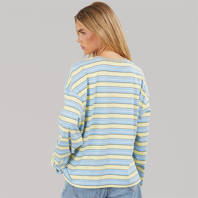 Brave Soul Womens Joey Crew Neck Long Sleeve Stripe Top Pale Yellow/Blue/Grey Marl/Brown