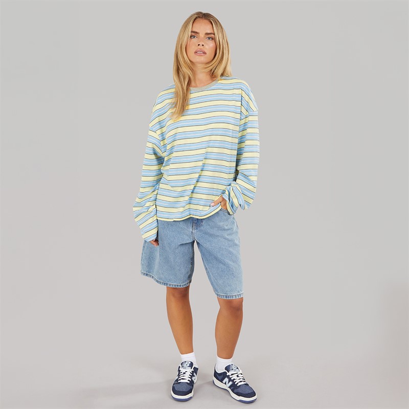 Brave Soul Womens Joey Crew Neck Long Sleeve Stripe Top Pale Yellow/Blue/Grey Marl/Brown