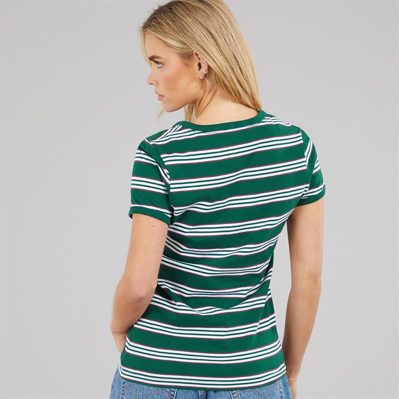 Brave Soul Womens Nino Crew Neck Fitted Stripe T-Shirt Green/White