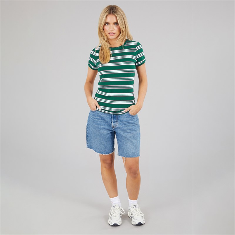 Brave Soul Womens Nino Crew Neck Fitted Stripe T-Shirt Green/White