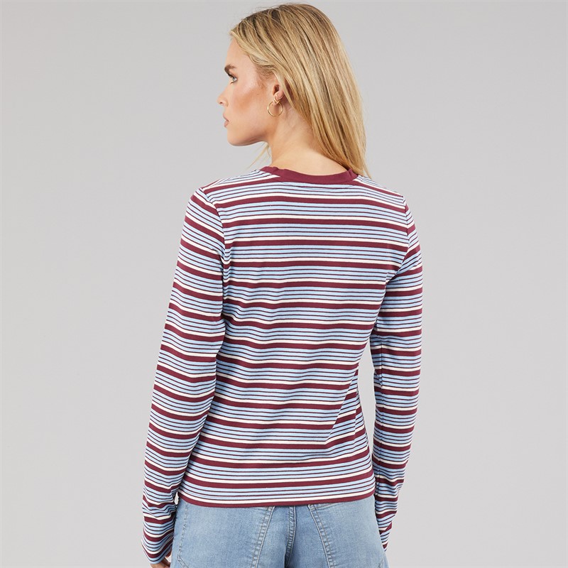 Brave Soul Womens Molly Crew Neck Long Sleeve Stripe Top Burgundy/Blue