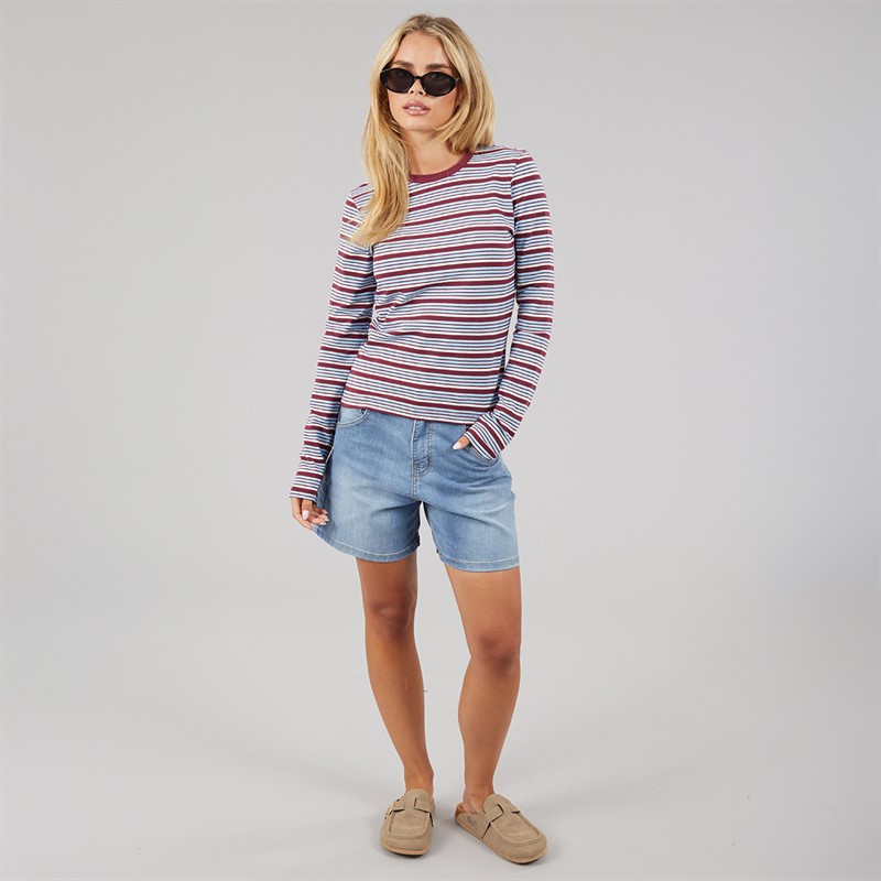 Brave Soul Womens Molly Crew Neck Long Sleeve Stripe Top Burgundy/Blue