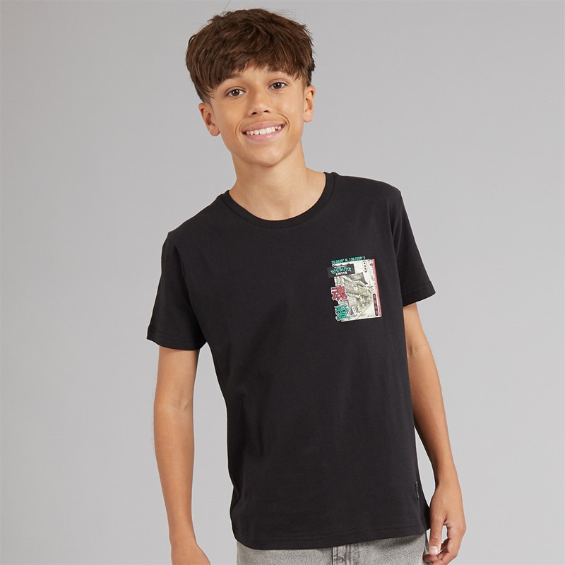 Brave Soul Drenge Ameyoko T Shirt Jet Sort/Multi Farve Jet Black/Multi-Colour