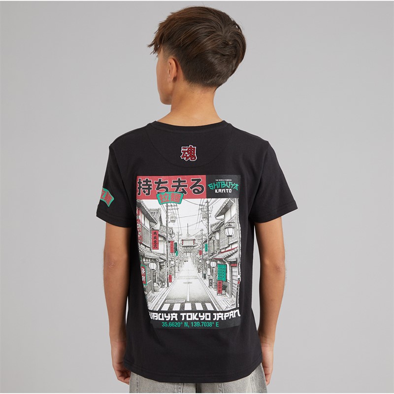 Brave Soul Drenge Ameyoko T Shirt Jet Sort/Multi Farve Jet Black/Multi-Colour