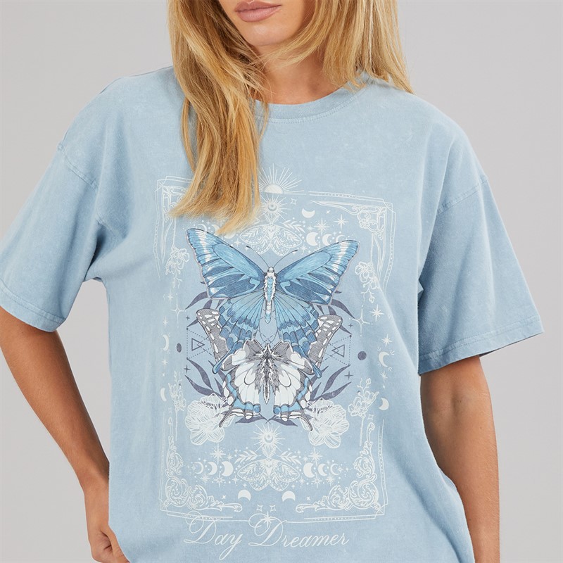 Brave Soul Womens Day Dreamer T-Shirt Blue Acid Wash
