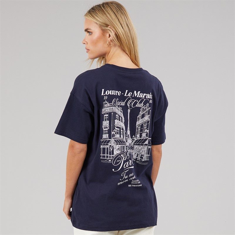 Brave Soul Dame Louvre T Shirt Navy/Pink Body/Print
