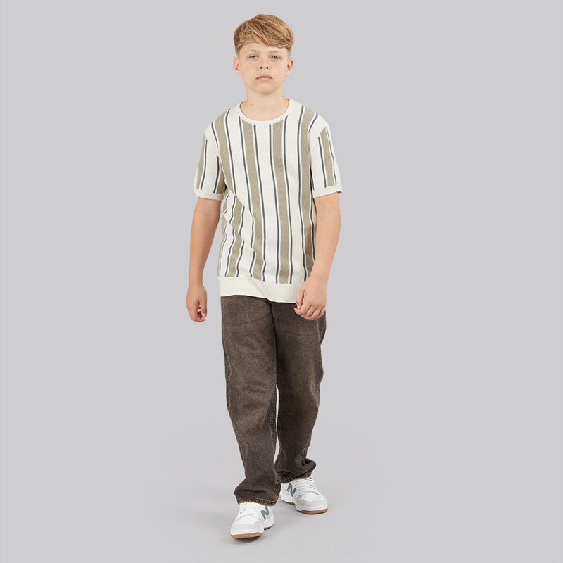 Brave Soul Boys Gillam Knitted T-Shirt Cream/Light Green/Mid Green