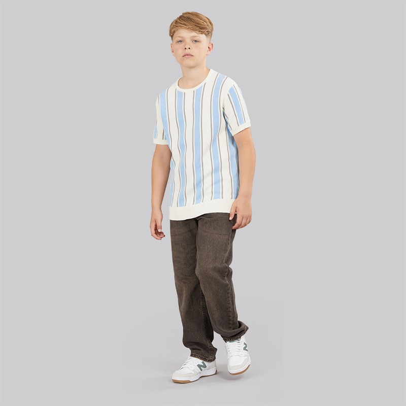 Brave Soul Boys Gillam Knitted T-Shirt Cream/Pale Blue/Light Grey