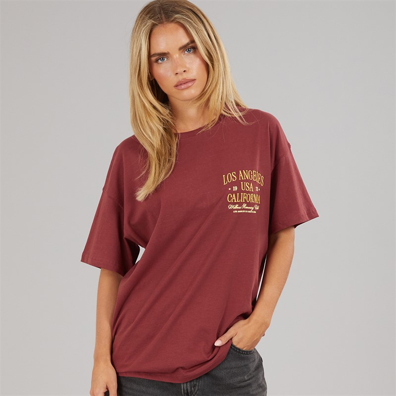 Brave Soul Womens Rachel Embroidered T-Shirt Burgundy/Yellow
