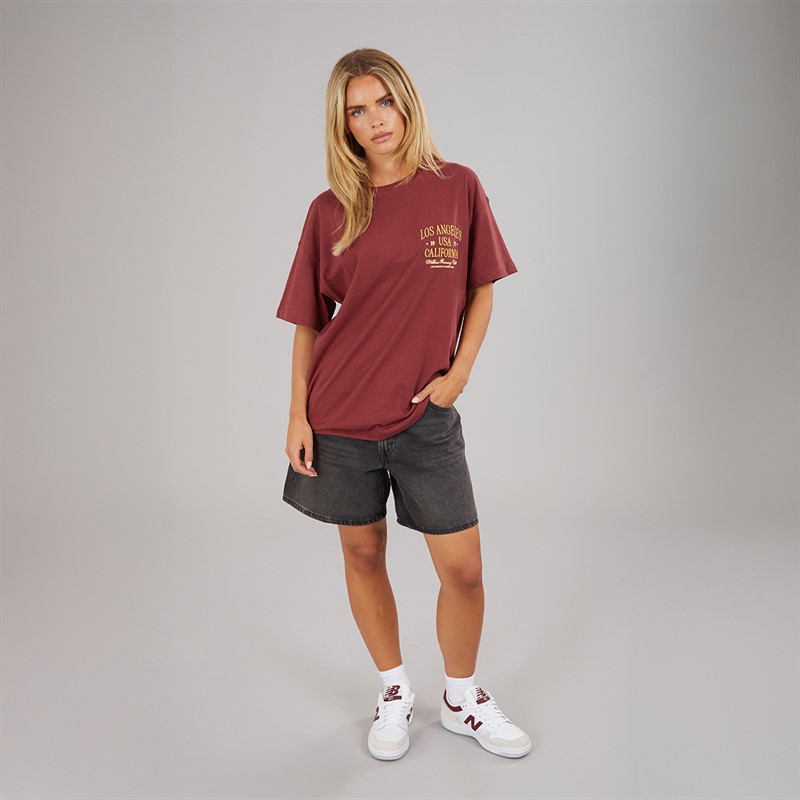 Brave Soul Womens Rachel Embroidered T-Shirt Burgundy/Yellow