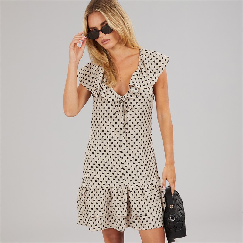 Brave Soul Womens Virgi Frill Mini Dress Beige/Black