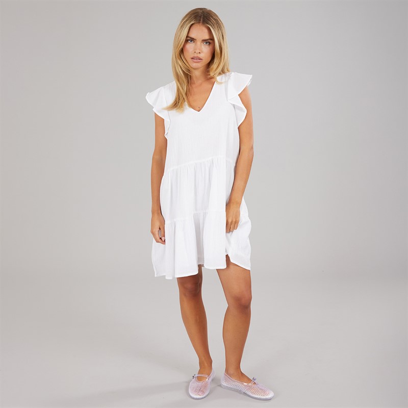 Brave Soul Womens Cassie Short Sleeve Tiered Dress White