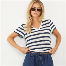 Brave Soul Womens Stripe Polo Shirt Cream/Navy