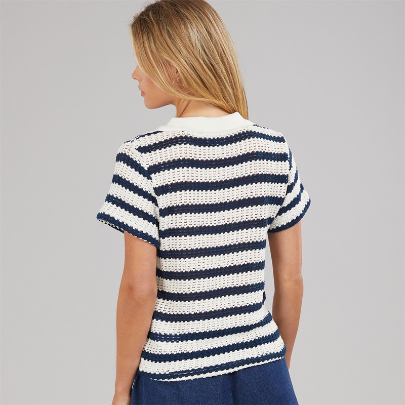 Brave Soul Womens Stripe Polo Shirt Cream/Navy