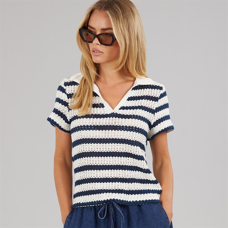 Brave Soul Womens Stripe Polo Shirt Cream/Navy